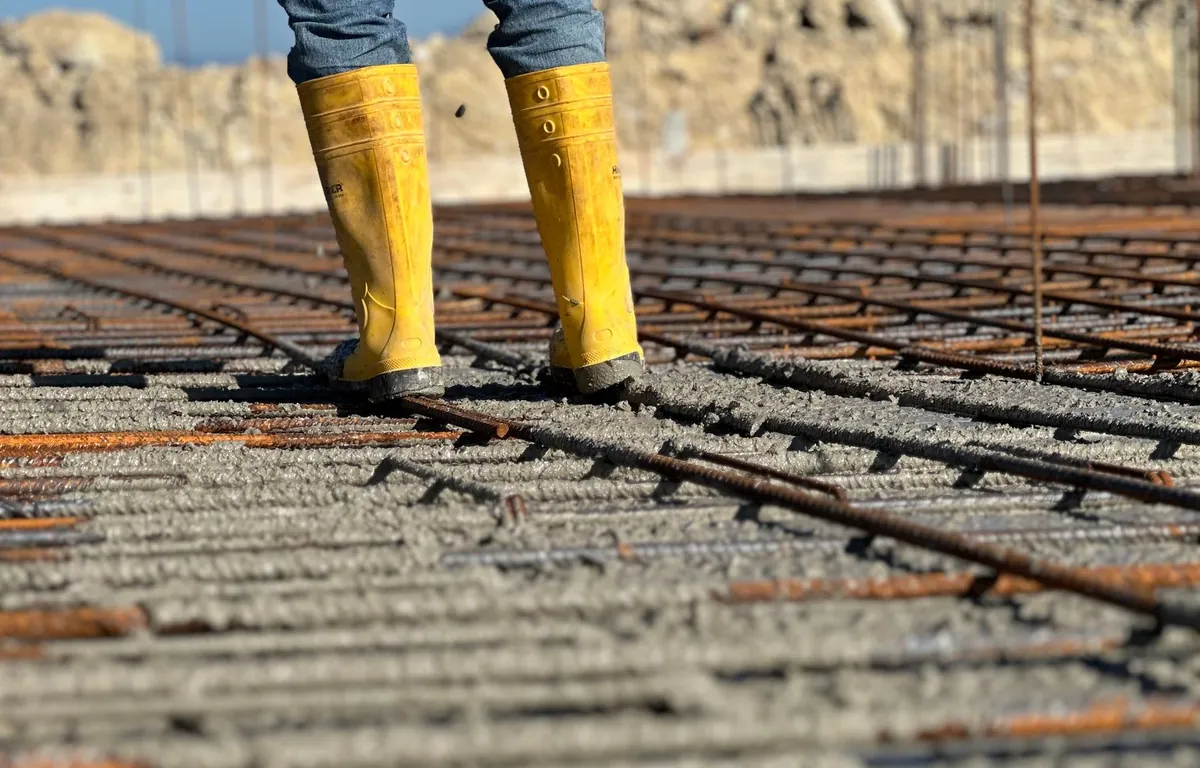 Mallazo de acero sobre una losa de hormigón en obra, con unas botas de agua amarillas en primer plano