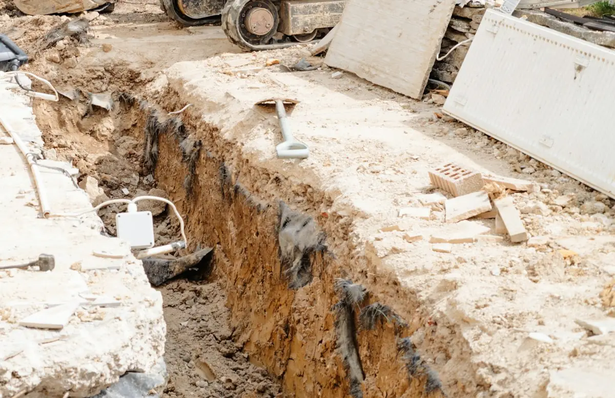 Zanja recién excavada en un jardín, con tierra, cascotes y una pala apoyada en el borde